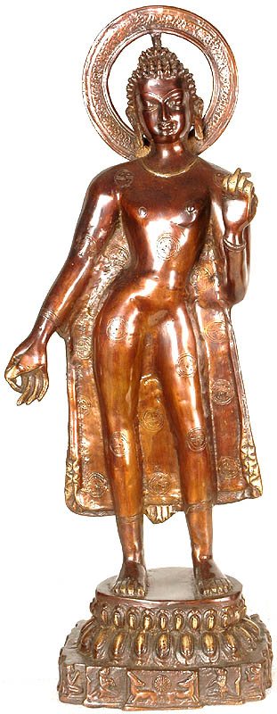 Standing Sarnath Buddha<br>(Garments Engraved with Auspicious Symbols, Pedestal with Deer Pair, Disciples and Devotees)