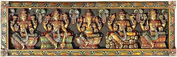 Temple Wooden Panel Depicting From the Left Lakshmi, Vishnu, Ganesha, Shiva and Mariamman