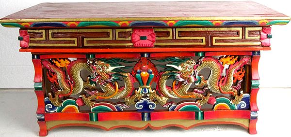 Twin Dragon Altar Table with Central Flaming Jewels