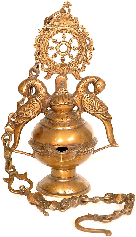 Twin Peacock Oil Lamp with The Dharmachakra