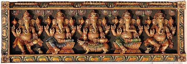 Wooden Panel Depicting Ganesha in Dancing , Sitting on Lotuses, on Rat and Standing Postures