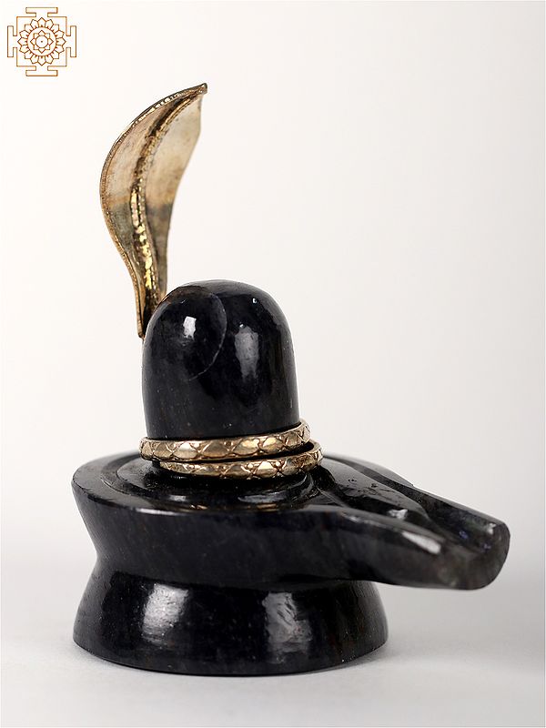3" Small Natural Black Onyx Gemstone Shivling With Brass Snake Head