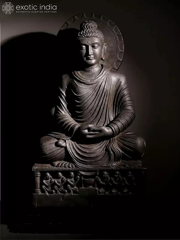 27" Black Stone Buddha Idol in Meditation Mudra on Wooden Base
