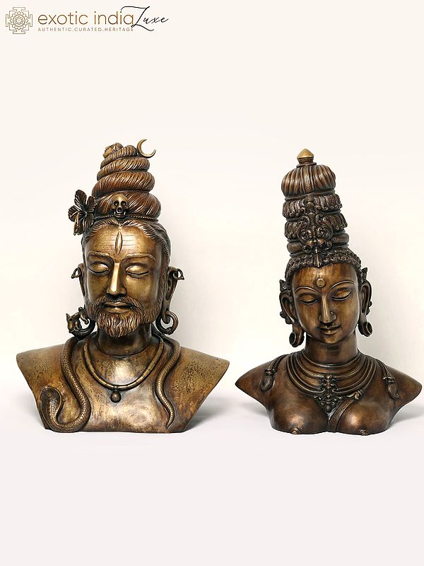 Superfine Shiva Parvati Bust In Bronze