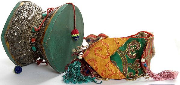 Pellet Drum (Damaru) with Dragon, Silk Tassel and Scarf