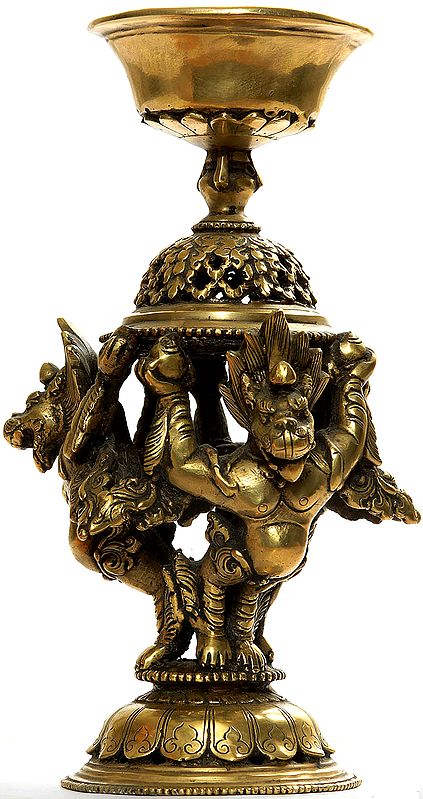 Monastery Butter Lamp with Protective Lions