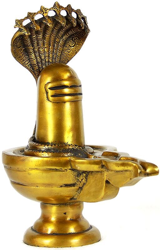 13" Shiva Linga with the Great Serpent Shesh Canopying Over It In Brass | Handmade | Made In India