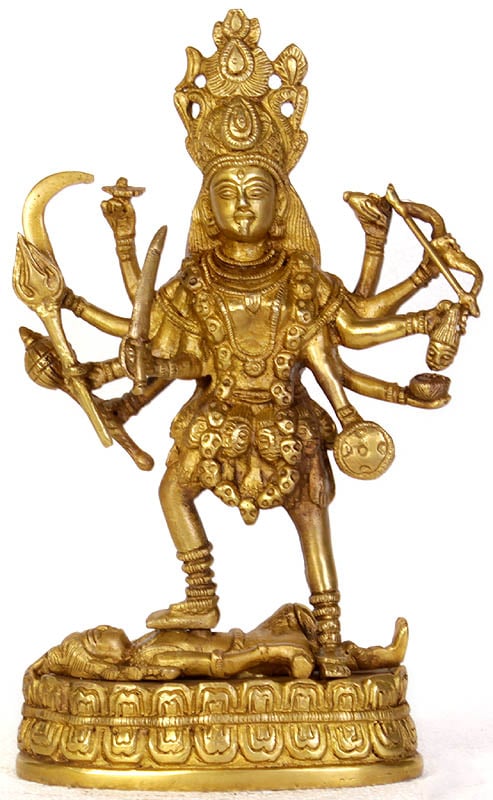 9" Goddess Kali with Ten Hands In Brass | Handmade | Made In India