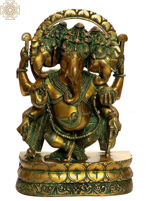 12" Three-headed Dancing Ganesha Brass Statue | Handmade | Made in India