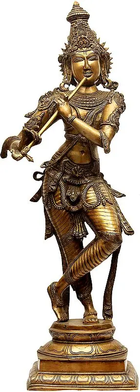 34" Large Size Krishna in ‘Tri-bhang’ Aspect | Handmade Brass Statue