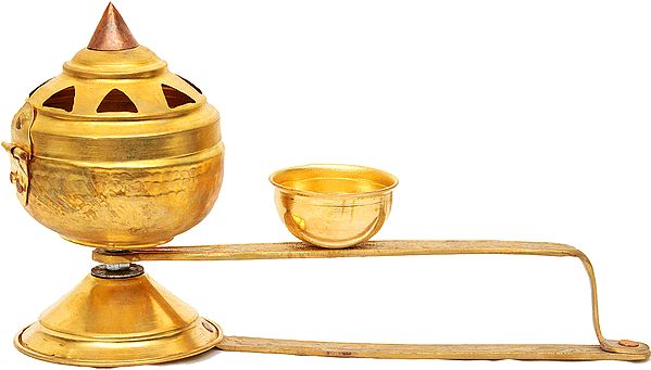 Hand-held Oil Lamp with Attached Bowl for Buddhist Puja