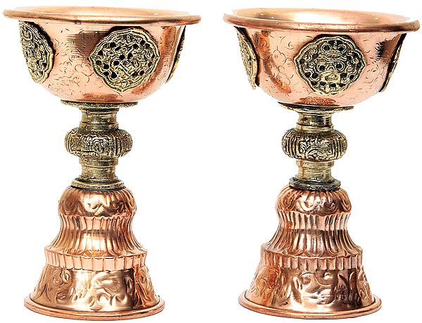 Pair of Butter Lamps with Auspicious Symbols