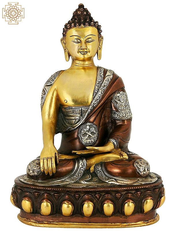 14" Seated Buddha in Bhumisparsha Mudra (Robes Engraved with Auspicious Symbols) In Brass | Handmade | Made In India