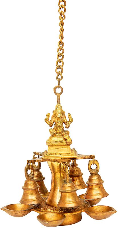 Lord Ganesha Hanging Five-wick Lamp with Bells
