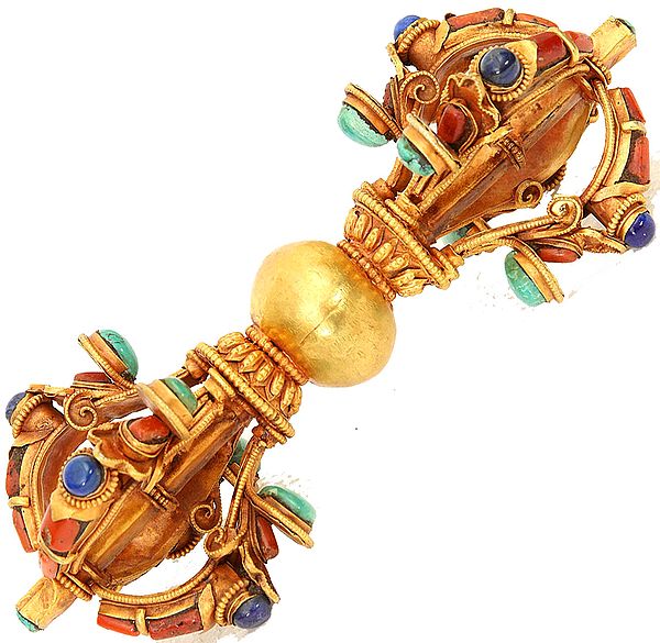 Five-Pronged Gold Plated Dorje with Gemstones
