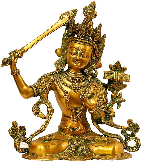 10" Tibetan Buddhist Deity Manjushri - Bodhisattva of Transcendent Wisdom In Brass | Handmade | Made In India