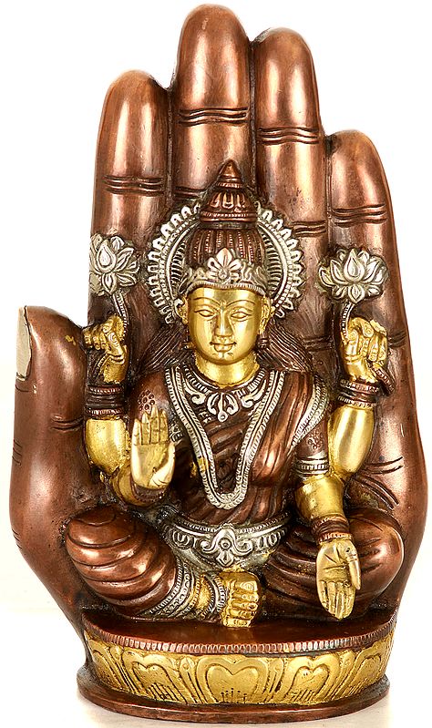 9" Goddess Lakshmi Idol Seated on Lotus against the Aureole of a Hand in Brass | Handmade | Made in India