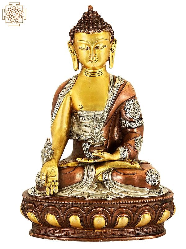 12" Tibetan Buddhist Deity- The Medicine Buddha (Robes Decorated with Auspicious Symbols) In Brass | Handmade | Made In India