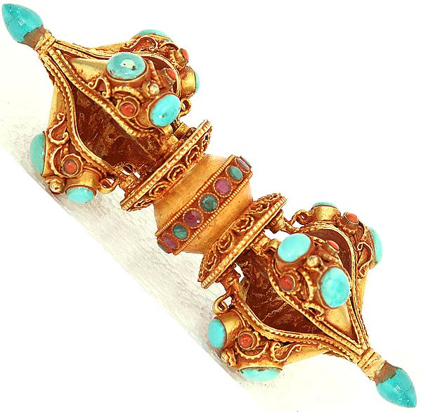 Five-Pronged Gold Plated Dorje with Gemstones