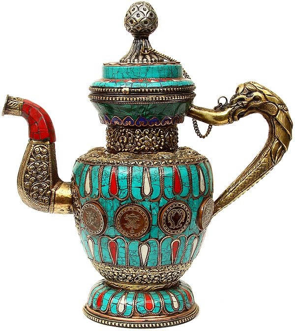 Ashtamangala Inlay Ritual Kettle with Dragon Handle and Repousse Work