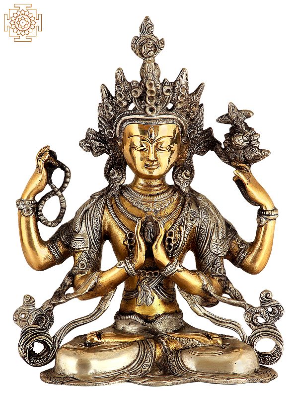11" Tibetan Buddhist Deity: Chenrezig (Shadakshari Lokeshvara) In Brass | Handmade | Made In India