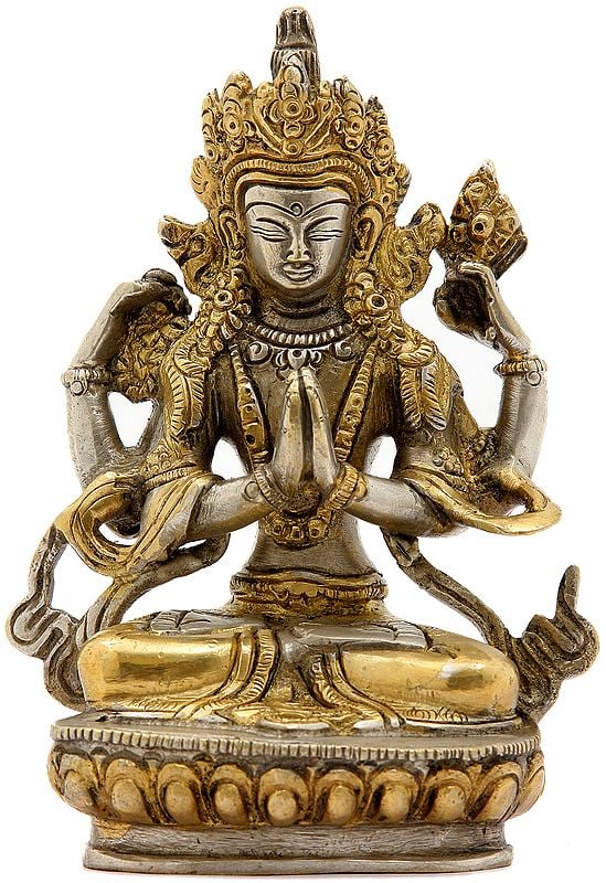 5" Tibetan Buddhist Deity- Chenrezig (Shadakshari Lokeshvara) Statue in Brass | Handmade