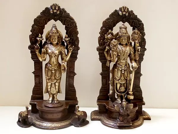 9" Lord Vishnu and Lakshmi Ji with Floral Aureole | Handmade Brass Statue | Made in India
