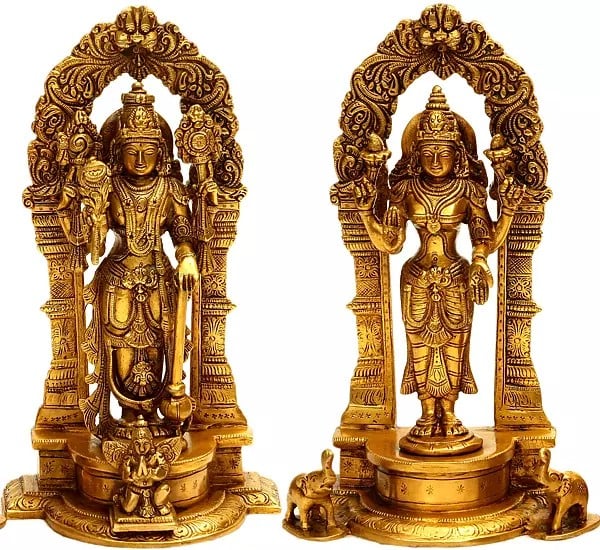 9" Lord Vishnu and Lakshmi Ji with Floral Aureole | Handmade Brass Statue | Made in India