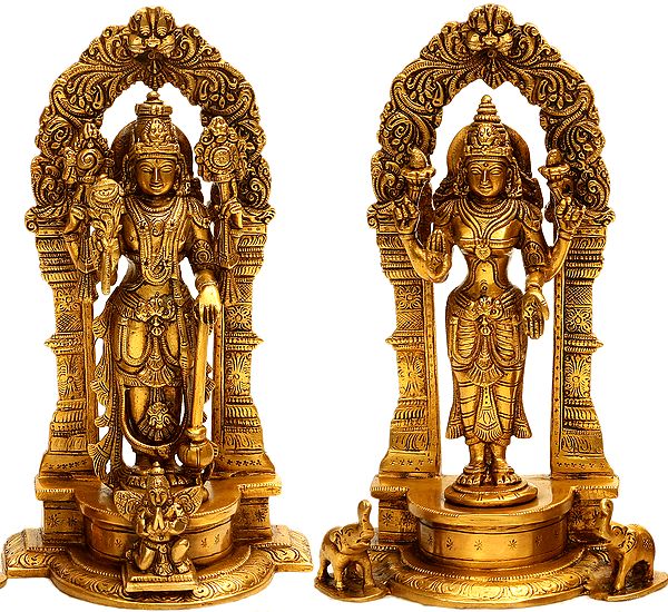 9" Lord Vishnu and Lakshmi Ji with Floral Aureole In Brass | Handmade | Made In India