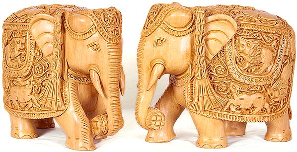Elephant Pair (Saddle Carved with the Scenes from Wild Life)