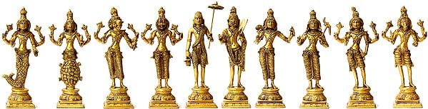 9" Dashavatara  -Ten Incarnations of Lord Vishnu (From Left - Matshya, Kurma, Varaha, Narasimha, Vaman, Parashurama, Rama, Balarama, Krishna and Kalki) In Brass | Handmade | Made In India