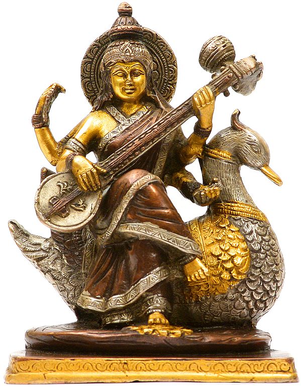 Goddess Saraswati Seated on Swan Wearing a Sari