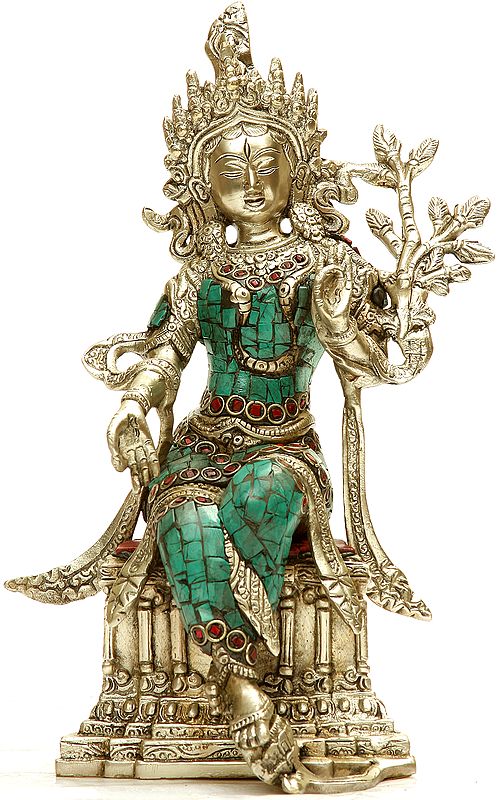 Goddess Tara in Silver Hue Seated on High Pedestal