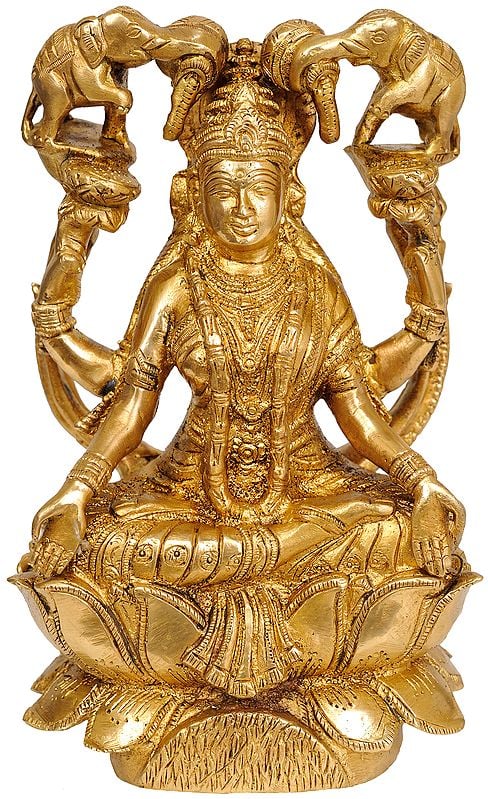 7" The Lotus Goddess Venerated by Auspicious Elephants In Brass | Handmade | Made In India