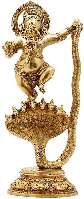 12" Lord Ganesha Dancing on Seven-Hooded Serpent In Brass | Handmade | Made In India