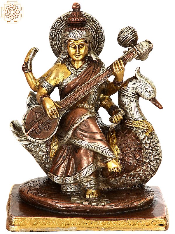 7" Brass Goddess Saraswati Idol Seated on Swan (In Triple Hues) | Handmade | Made in India