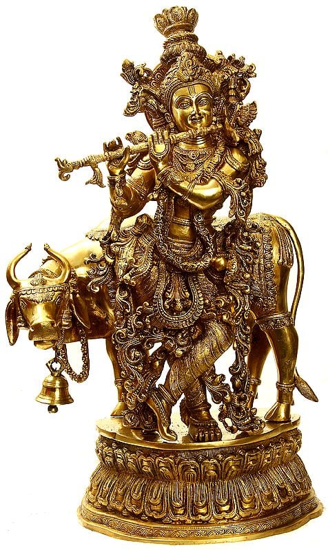 28" Large Size Lord Krishna with a Cow and His Flute In Brass | Handcrafted In India