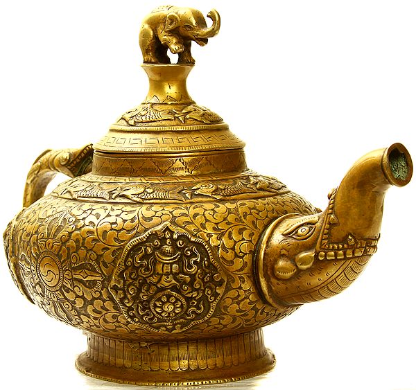 Monastery Ritual Kettle with Dragon Handle and Elephant Knob (Decorated with Ashtamangala, Fishes and Good Luck Symbols)