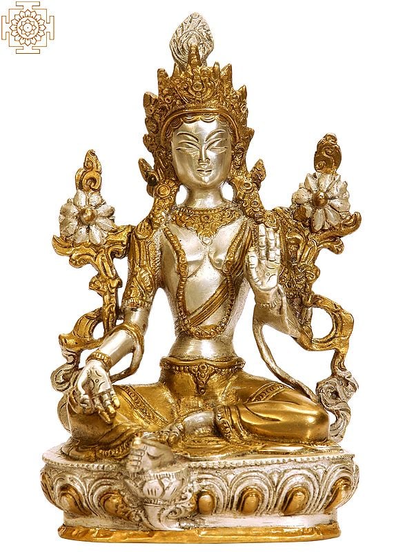 8" Tibetan Buddhist Savior Goddess Green Tara in Golden and Silver Hues In Brass | Handmade | Made In India