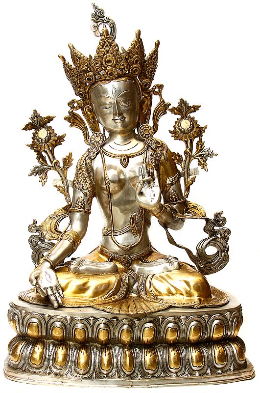 33" Large Size Goddess White Tara - Protects from Danger, Distress and Bestows a Long Life on Her Devotees (Tibetan Buddhist Deity) In Brass | Handmade | Made In India