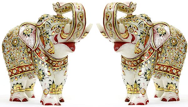 Decorated Marble Elephant Pair