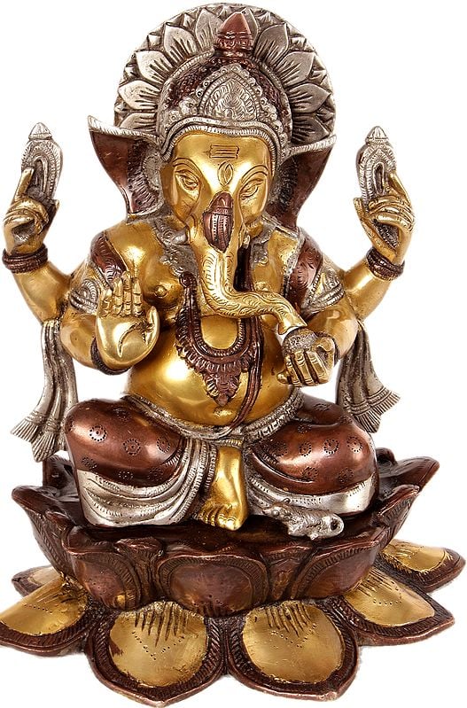 12" Kamalasana Ganesha Blessing His Devotees In Brass | Handmade | Made In India