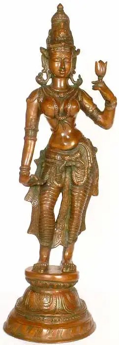 28" A Rare Form of Two-Armed Goddess Lakshmi Brass Statue | Handmade | Made In India