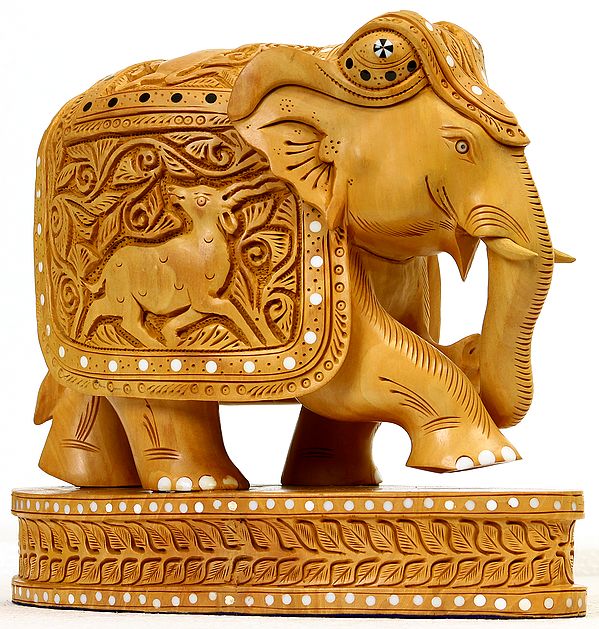 Decorated Royal Elephant with Pedestal (Saddle Carved with Antelope and Floral Motifs)