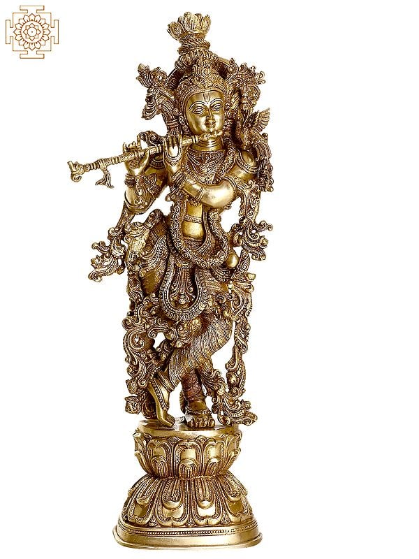 29" Enrapt Krishna Playing on Flute In Brass | Handmade | Made In India