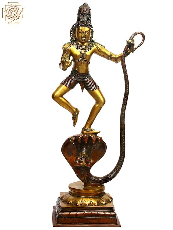 41" Large Size Lord Krishna Vanquishes Kaliya In Brass | Handmade | Made In India
