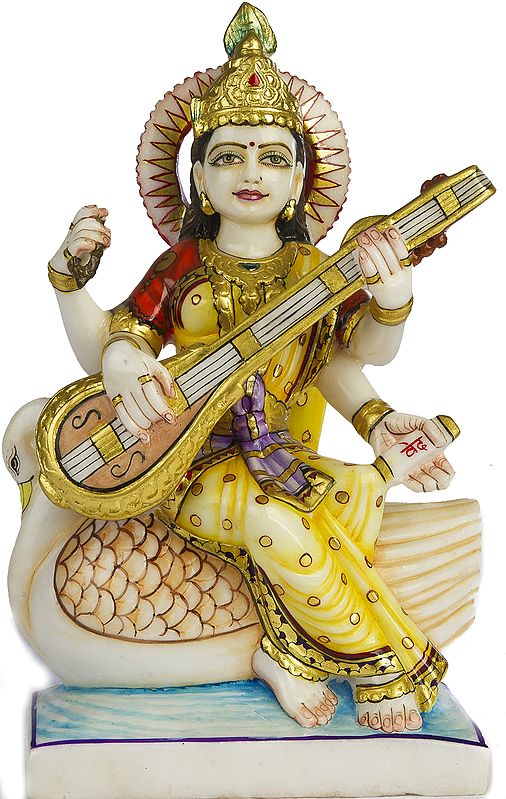 Goddess Saraswati Wearing a Yellow Printed Sari