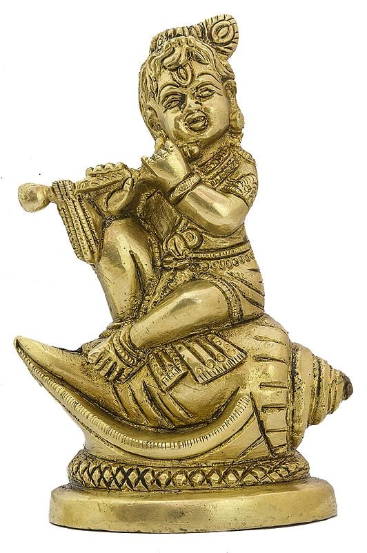 4" Baby Krishna Seated on Conch Playing the Flute In Brass | Handmade | Made In India