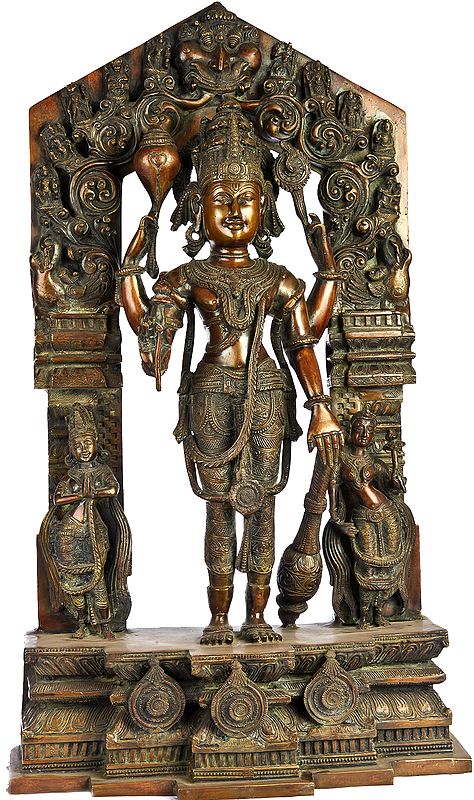 Lord Vishnu with Shridevi and Bhudevi (Aureole Depicting His Ten Incarnations)