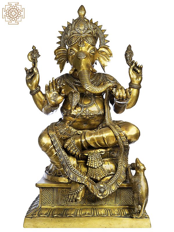 33" Large Size Four Armed Ganesha Seated in Lalitasana In Brass | Handmade | Made In India